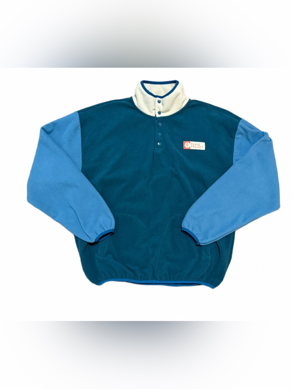 PARKS PROJECT Two-Tone Fleece Snap Pullover in Blue and Teal - Medium
